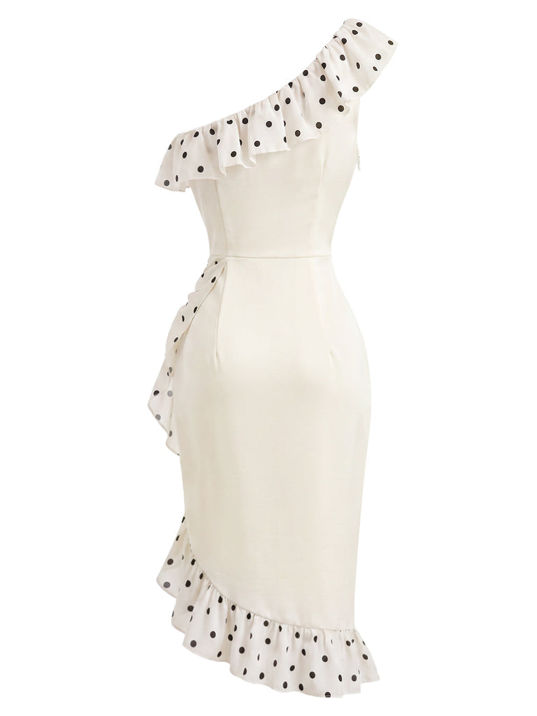 Cremefarbenes 60er Kleid mit One-Shoulder und Polka-Dots
