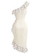 Cremefarbenes 60er Kleid mit One-Shoulder und Polka-Dots