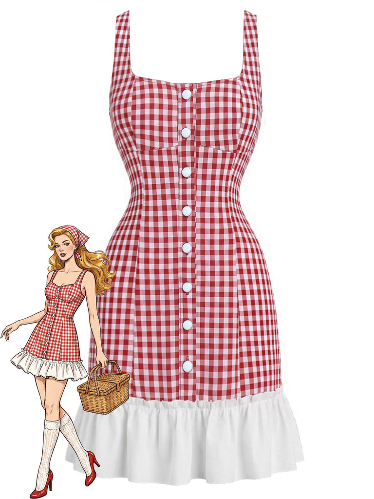 Rotes 60er Minikleid mit Eckiger Ausschnitt und Rüschen