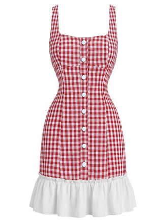 Rotes 60er Minikleid mit Eckiger Ausschnitt und Rüschen