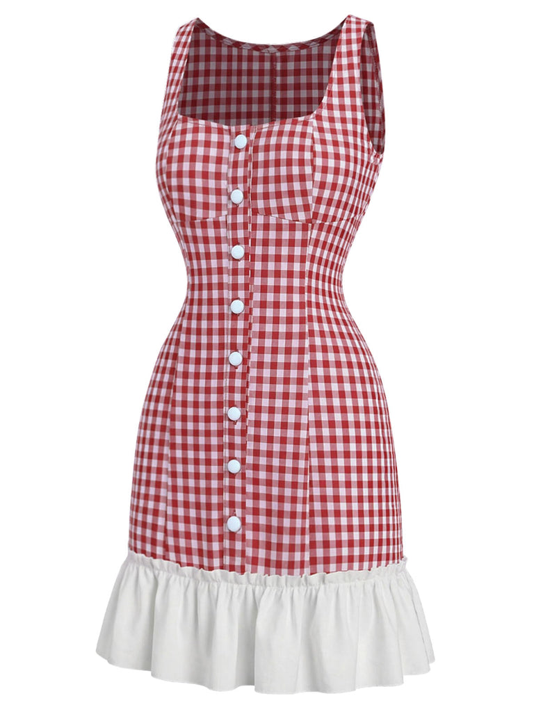 Rotes 60er Minikleid mit Eckiger Ausschnitt und Rüschen