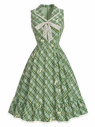 Grünes 40er Swingkleid mit Schleife und Gingham