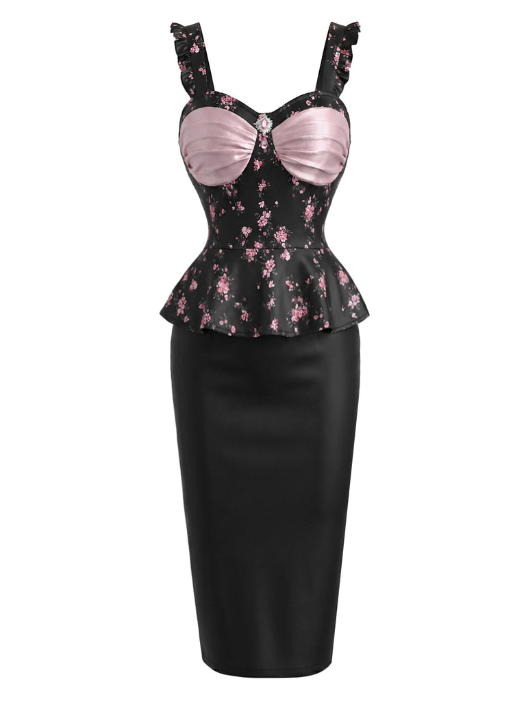 Schwarzes & Rosa 60er Reizwäsche mit Blumen und Peplum