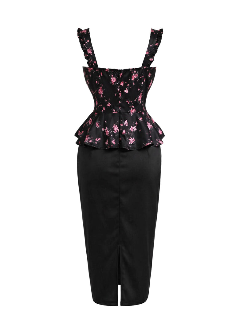 Schwarzes & Rosa 60er Reizwäsche mit Blumen und Peplum