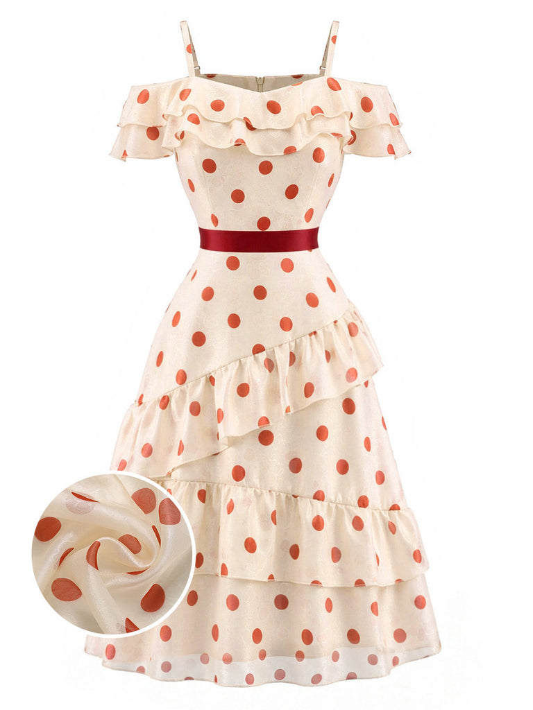 Creme-Rotes 60er Teekleid mit Polka-Dots