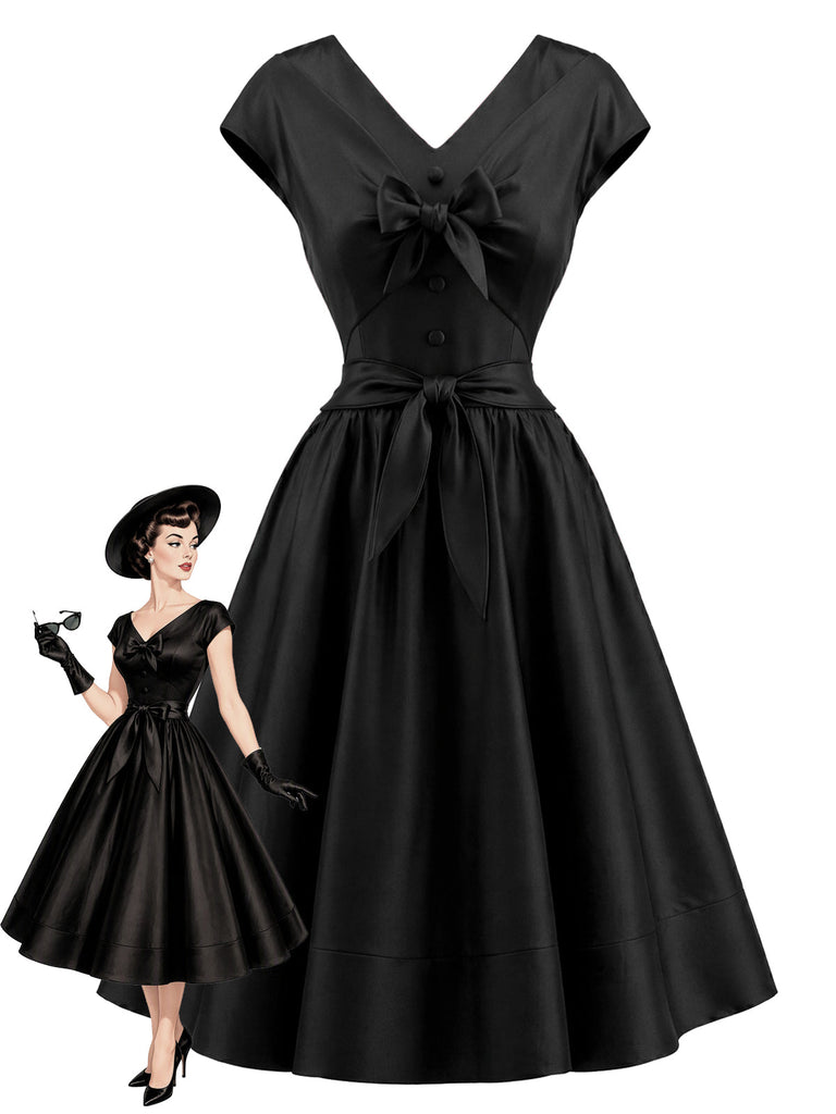 Schwarzes 50er ärmelloses Swingkleid mit V-Ausschnitt
