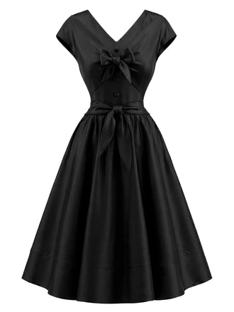 Schwarzes 50er ärmelloses Swingkleid mit V-Ausschnitt