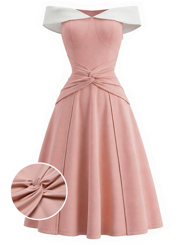 Rosa 50er schulterfreies Swingkleid mit Schleife und Taille