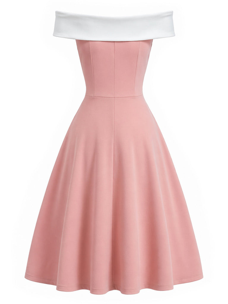 Rosa 50er schulterfreies Swingkleid mit Schleife und Taille