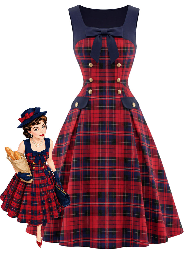 50er Tartankleid mit Schleife und eckigem Ausschnitt
