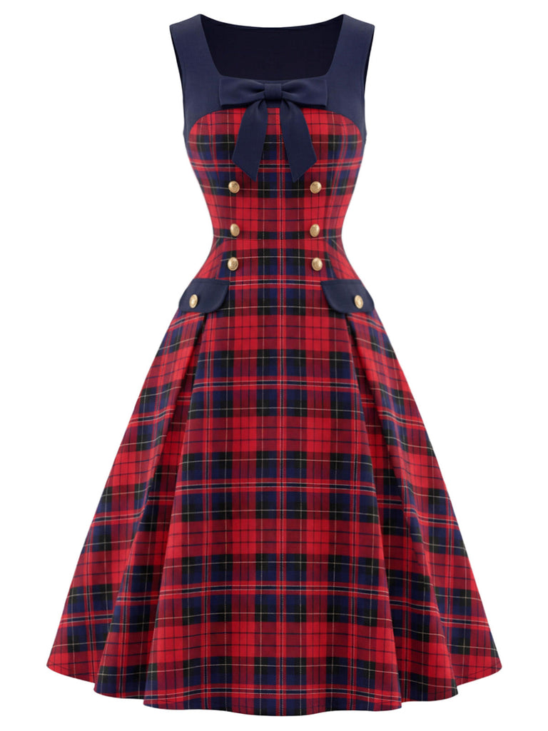 50er Tartankleid mit Schleife und eckigem Ausschnitt