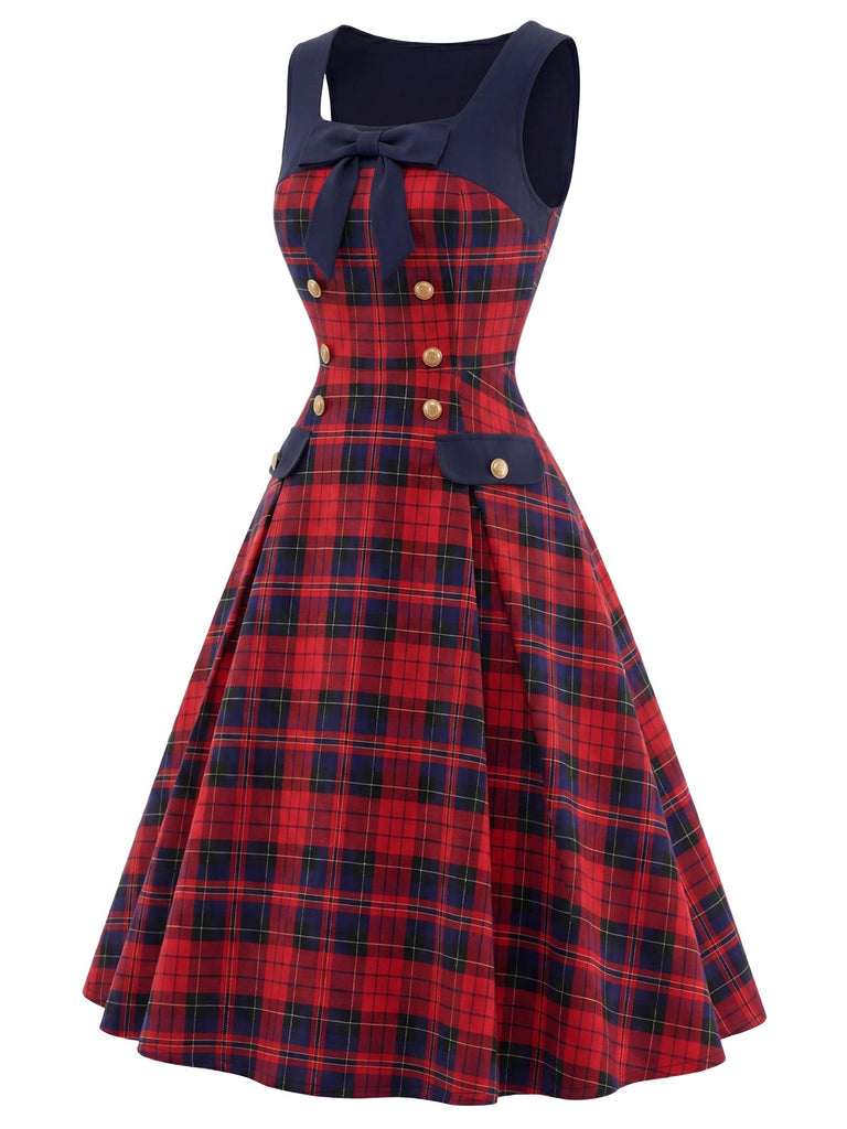[Vorverkauf] 50er Tartankleid mit Schleife und eckigem Ausschnitt