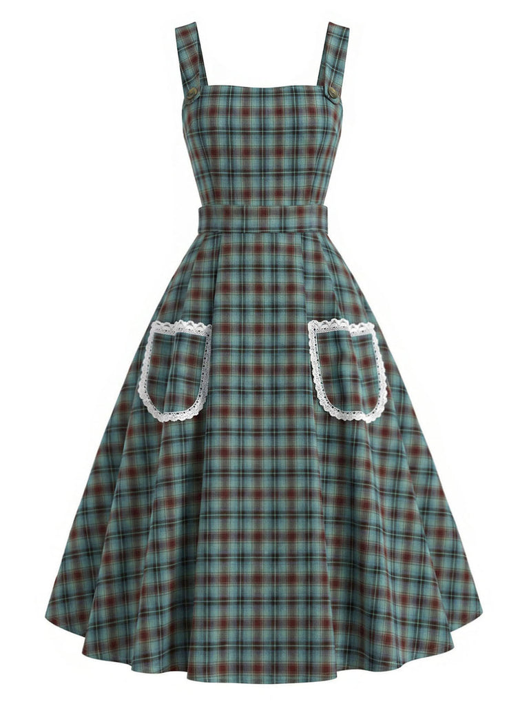 Weißes & Grünes 50er Kleid mit Karo und Spitze