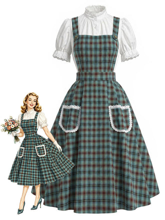 Weißes & Grünes 50er Kleid mit Karo und Spitze