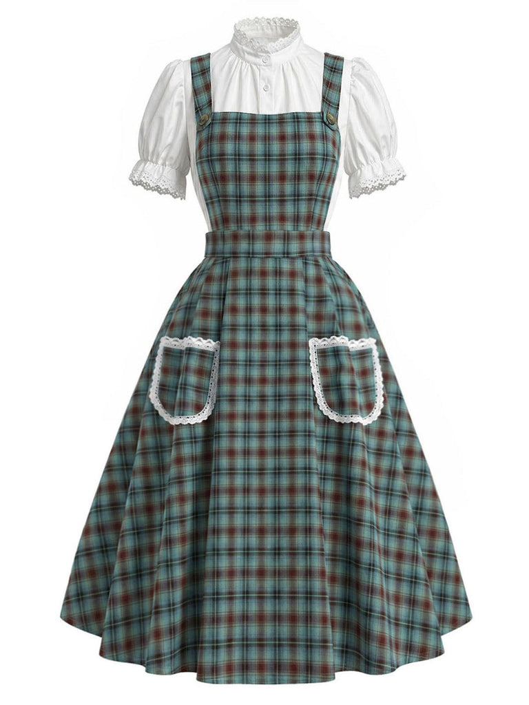 Weißes & Grünes 50er Kleid mit Karo und Spitze