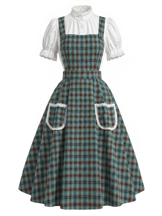 Weißes & Grünes 50er Kleid mit Karo und Spitze