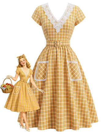 40er Kleid mit V-Ausschnitt und Karo