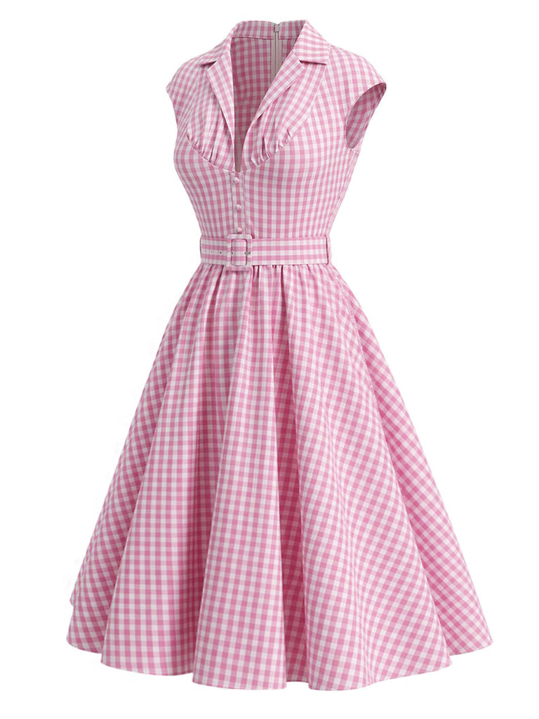 Rosa 40er Swingkleid mit V-Ausschnitt und Gingham