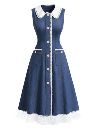 Blaues 60er Jeans-Kleid mit Patchwork und Spitze