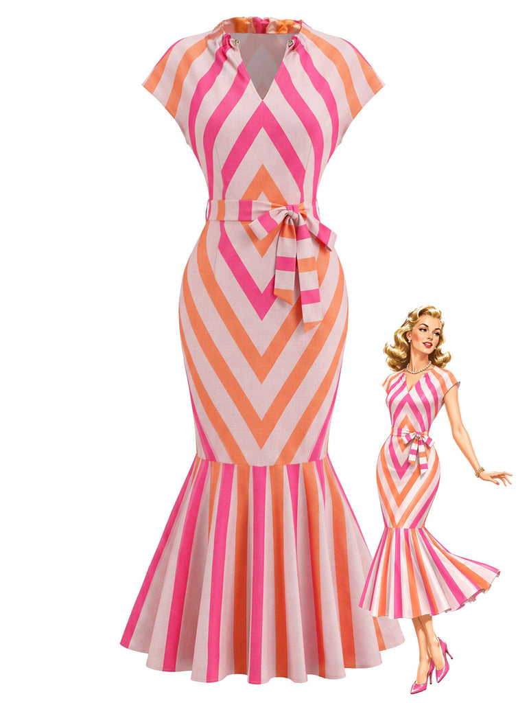 Orange-Rosa 60er Midikleid mit Chevron-Streifen