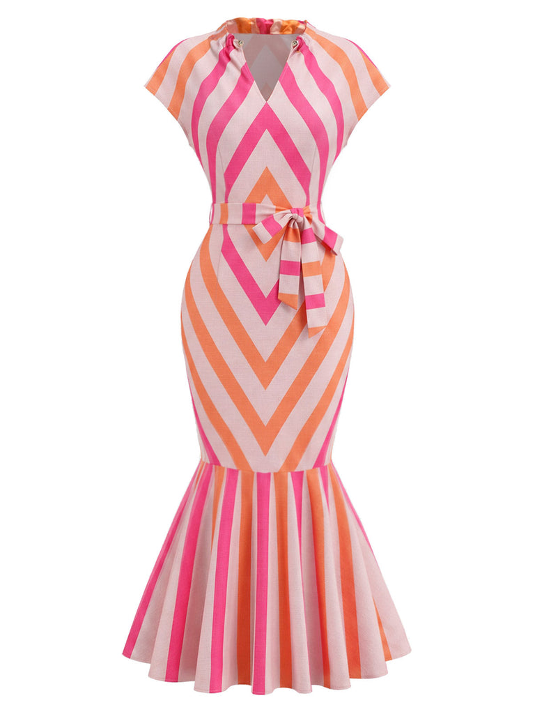 Orange-Rosa 60er Midikleid mit Chevron-Streifen