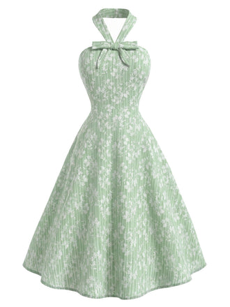 Grünes & Mintgrünes 40er Baumwoll-Swingkleid mit Neckholder und Blumen
