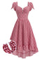 [Vorverkauf] Rotes 40er Gingham-Kleid mit Tulpenärmeln und High-Low-Saum