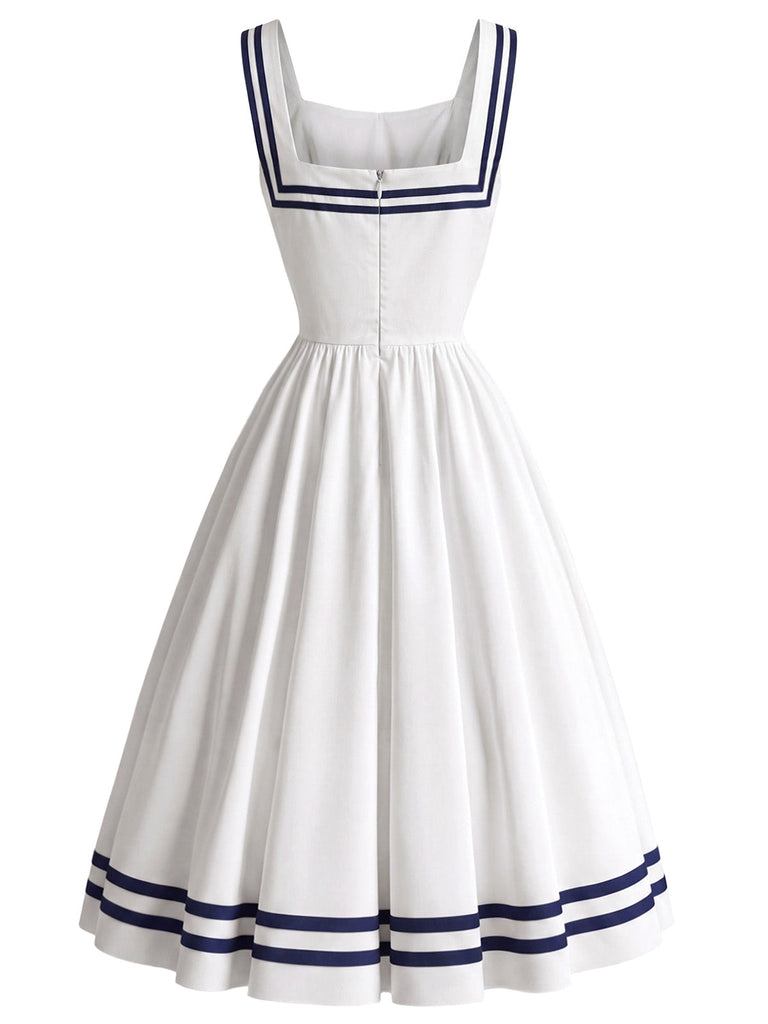 Weißes 50er Kleid mit Eckiger Ausschnitt und Schleife