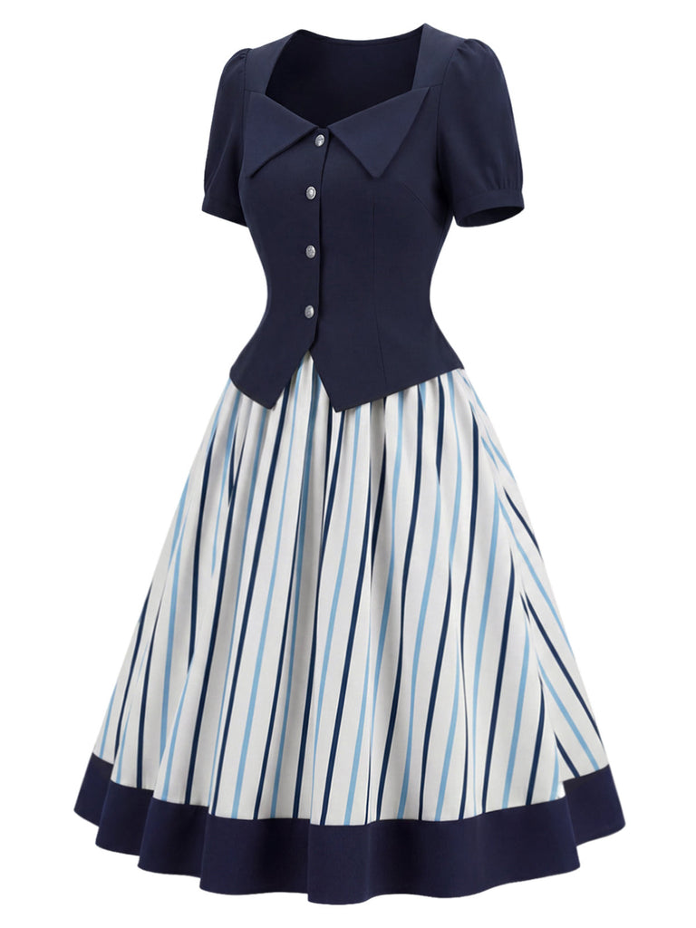 Blaues 50er Set mit Bluse und Streifenrock
