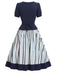 Blaues 50er Set mit Bluse und Streifenrock