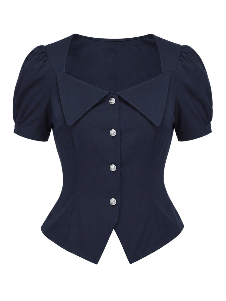 Blaue 50er Bluse mit Kurzarm und Reverskragen