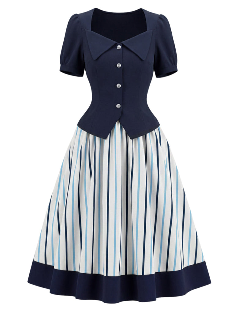 Blaues 50er Set mit Bluse und Streifenrock
