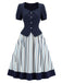 Blaues 50er Set mit Bluse und Streifenrock