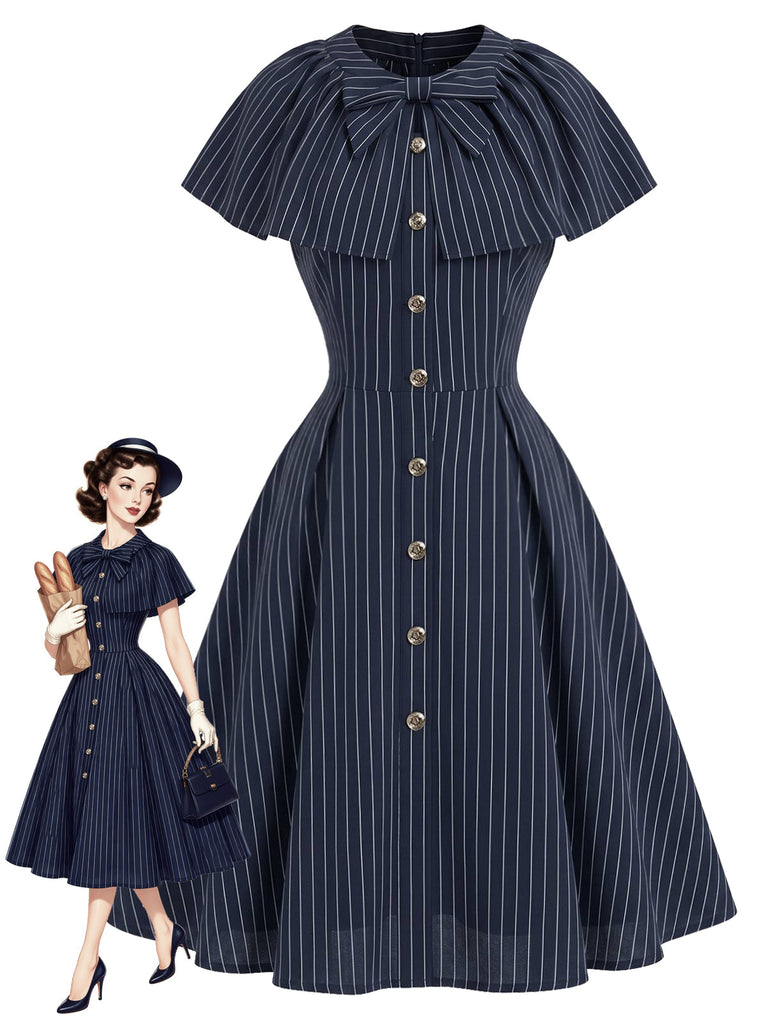 Tiefblaues 50er Kleid mit Nadelstreifen und Capelet