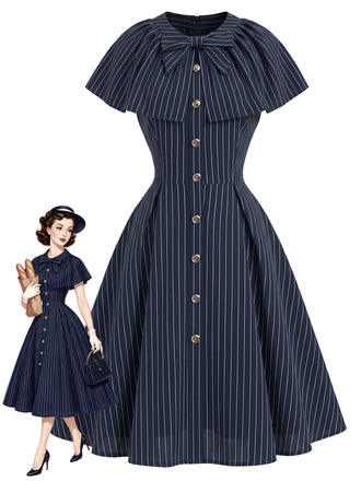 Tiefblaues 50er Kleid mit Nadelstreifen und Capelet