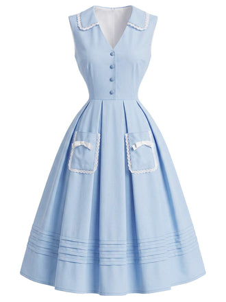 Blaues 50er Ärmelloses Kleid mit Schleife und Tasche