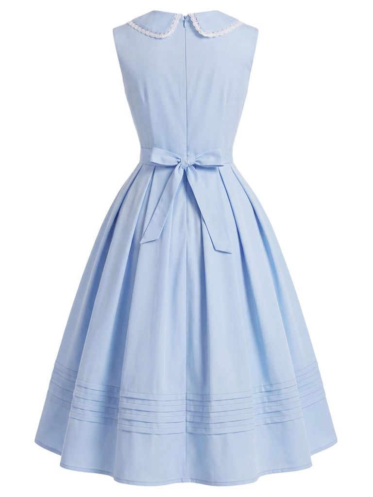 Blaues 50er Ärmelloses Kleid mit Schleife und Tasche