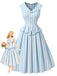Blaues 50er Kleid mit Schalkragen und Streifen