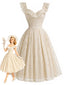 Creme 50er Spitzenkleid mit Herzausschnitt und Rüschen