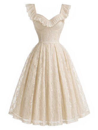 Creme 50er Spitzenkleid mit Herzausschnitt und Rüschen