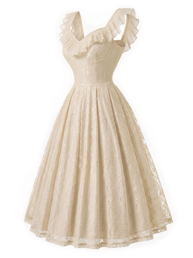 Creme 50er Spitzenkleid mit Herzausschnitt und Rüschen