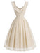 Creme 50er Spitzenkleid mit Herzausschnitt und Rüschen