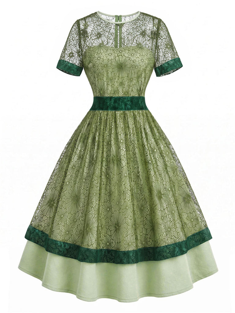 Grünes & Graues 40er Kleid mit Blumen und Patchwork