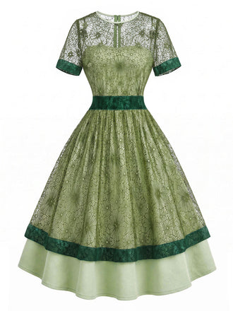 Grünes & Graues 40er Kleid mit Blumen und Patchwork