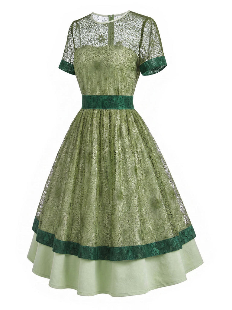 Grünes & Graues 40er Kleid mit Blumen und Patchwork