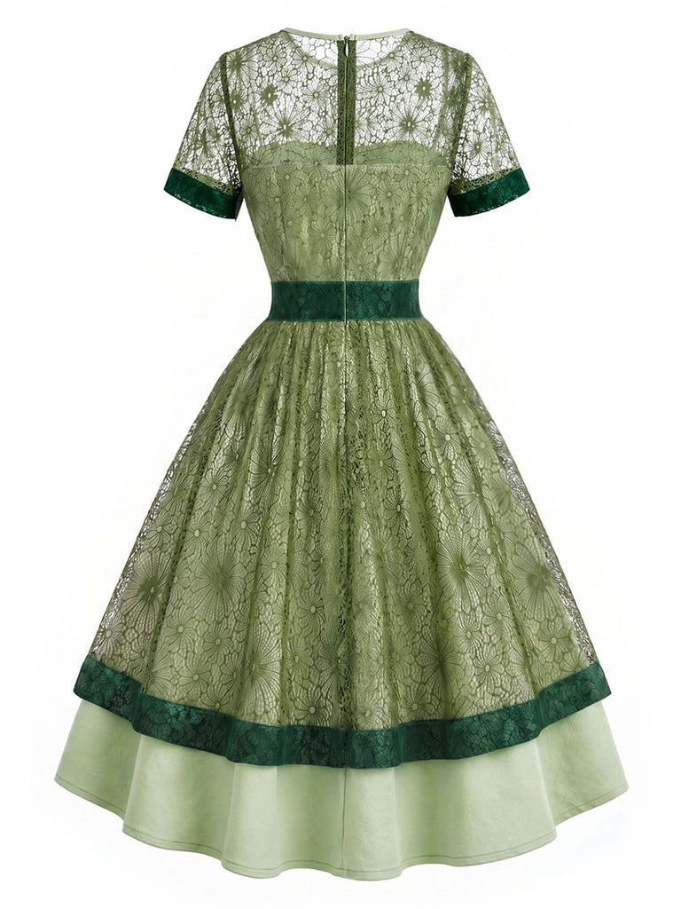 Grünes & Graues 40er Kleid mit Blumen und Patchwork