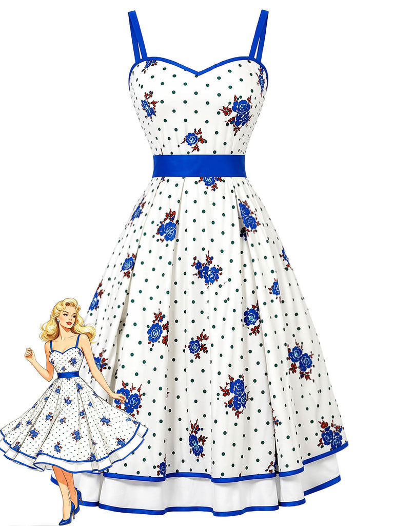 Weißes & Blaues 50er Swingkleid mit Polka-Dots und Blumen
