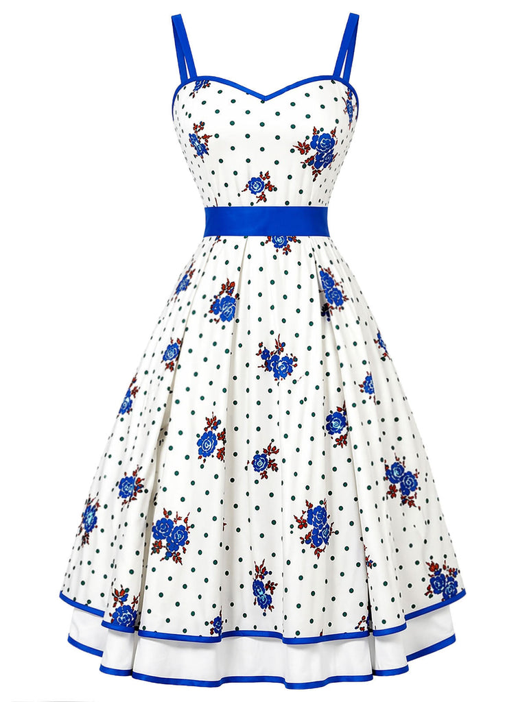 Weißes & Blaues 50er Swingkleid mit Polka-Dots und Blumen