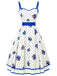 Weißes & Blaues 50er Swingkleid mit Polka-Dots und Blumen