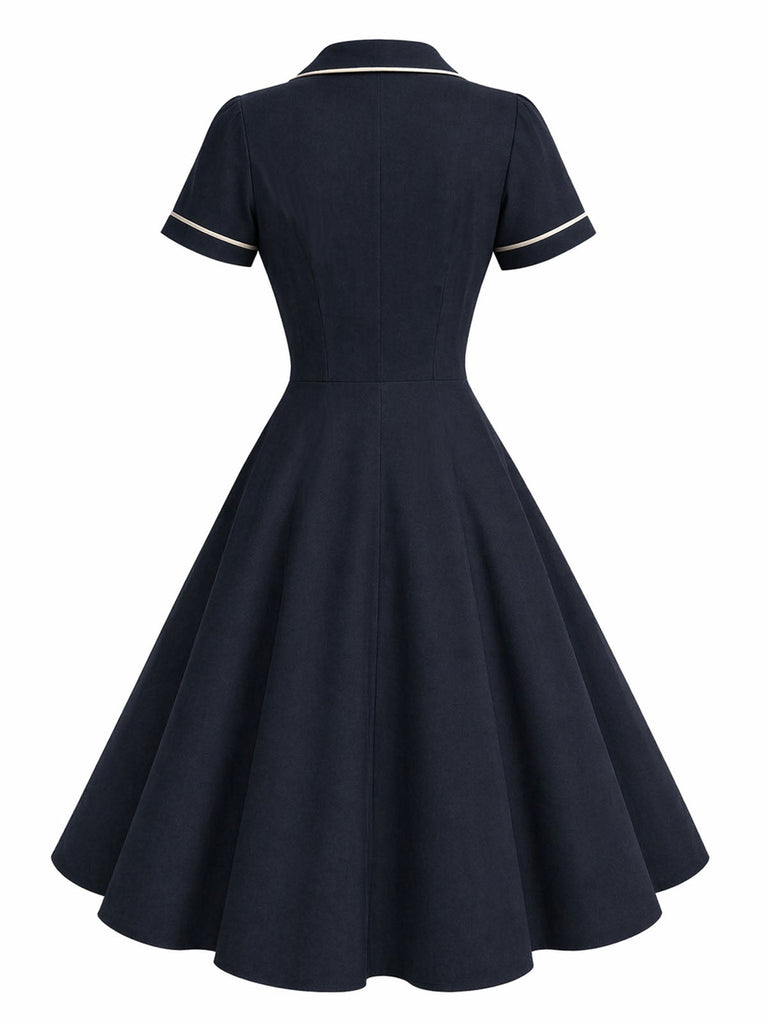Blaues 50er Kleid mit Reverskragen und Kerbe